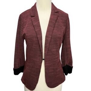 Skies Are Blue Blazer Women XS Burgundy Black Knit 3/4 Ruched Modern Workwear